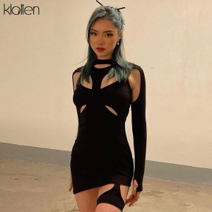 Women Spring Casual High Street Stretch Slim Hollow Out Sexy Mini Bodycon Dresses 2021 New Simple Solid Black 